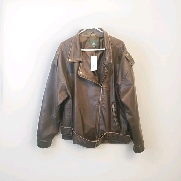 Women's NWT 3X Brown Faux Leather Oversized Zip Up Moto Biker Jacket  Wild Fable - Picture 2 of 8